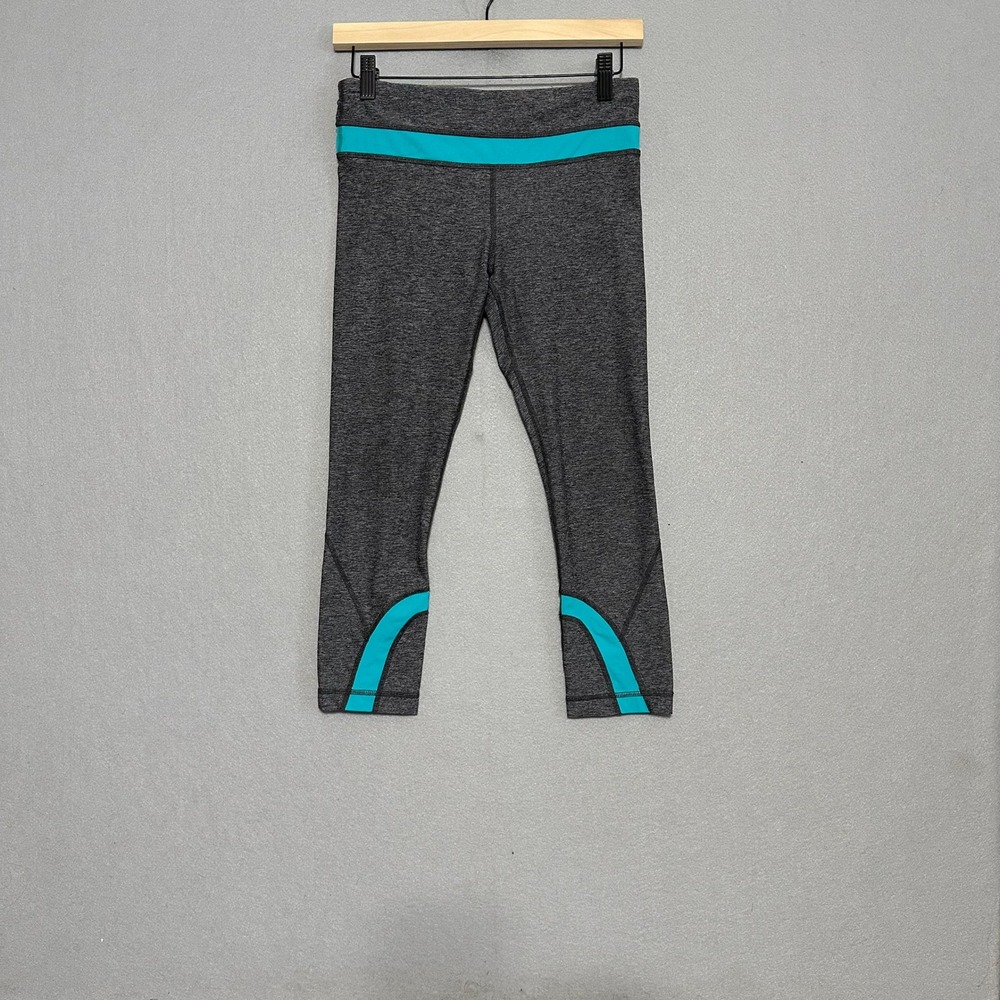Lululemon Run Inspire Crop II Leggings Grey Turquoise Blue Size 6 Zipper Pocket